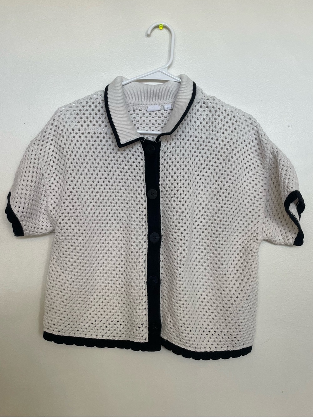 GAP White Open-Knit Short Sleeve Cardigan with Black Trim